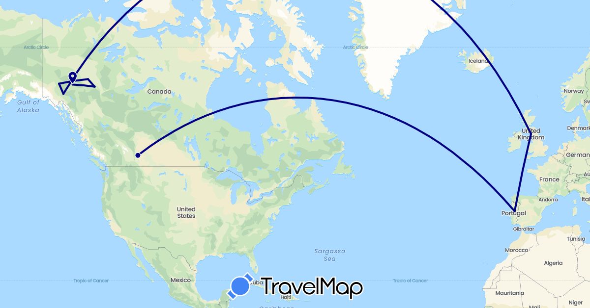 TravelMap itinerary: driving in Canada, United Kingdom, Portugal (Europe, North America)